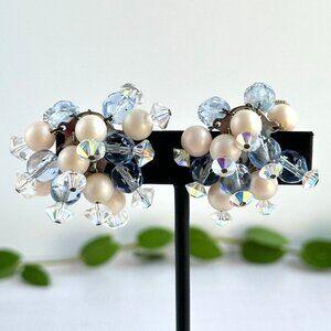 Vintage Blue & Ivory Cha Cha Cluster Clip-On Earrings with AB Faceted Beads